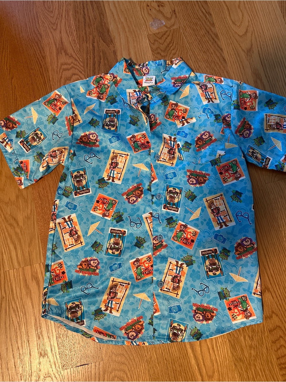 Disney Blue Short-Sleeve Button-Up Shirt with Multicolor Character Prints